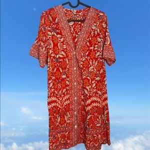 Red & White Floral Kaftan with Buttons